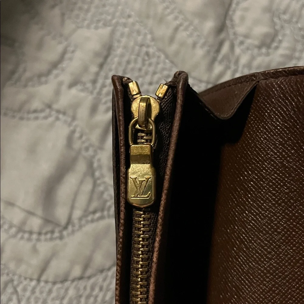 Louis Vuitton Damier Ebene Brown Leather Snap Wallet with Zipper Coin Pouch
